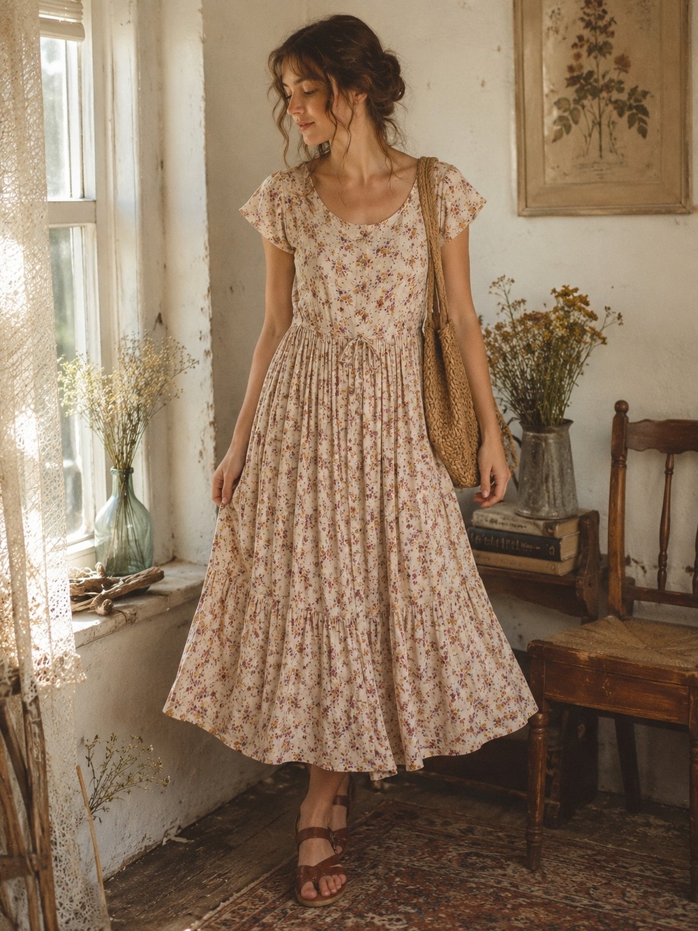 Floral Tiered Midi Dress in Cream